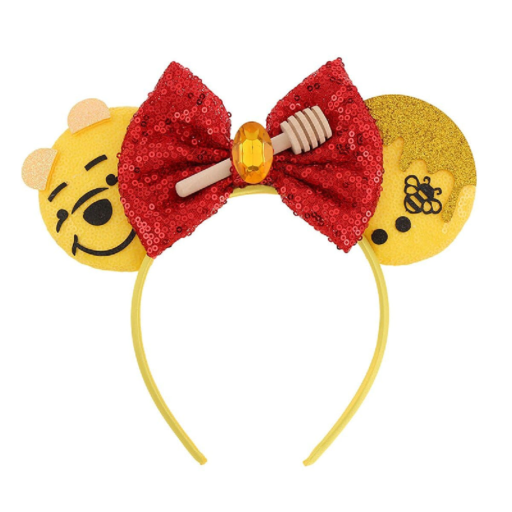 BPNHNA headband front view showing red sequin bow and yellow ears, playful party accent