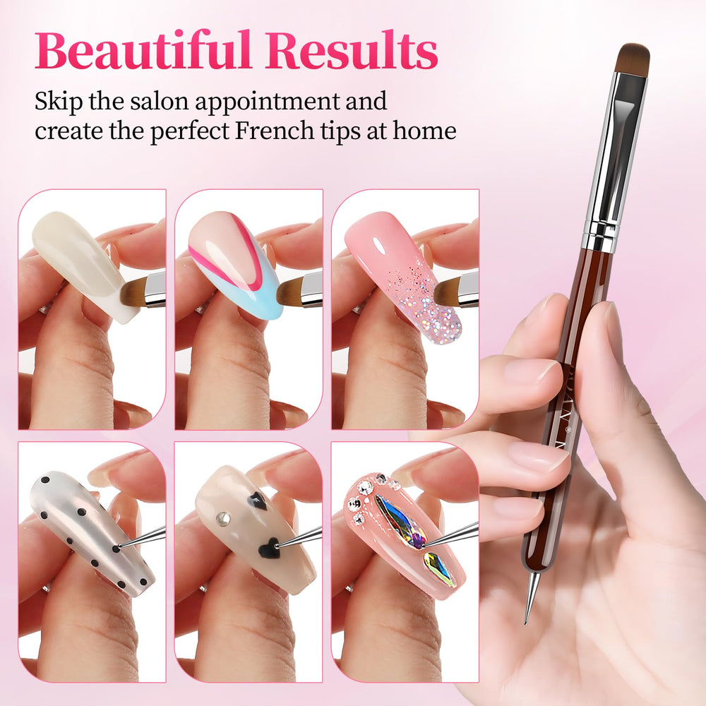 BQAN brush in use on acrylic nails demonstrating clean French tip creation benefit