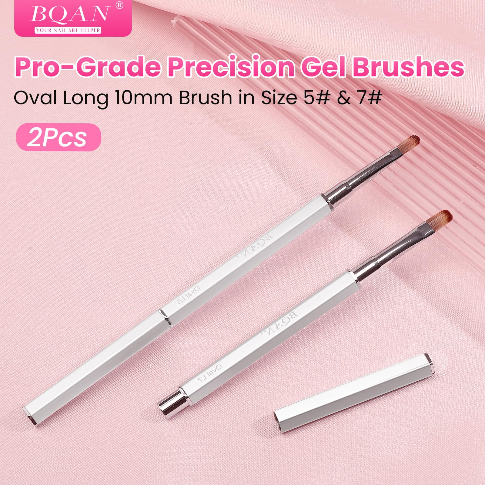 BQAN brush next to nail tip showing size and extension shaping benefit