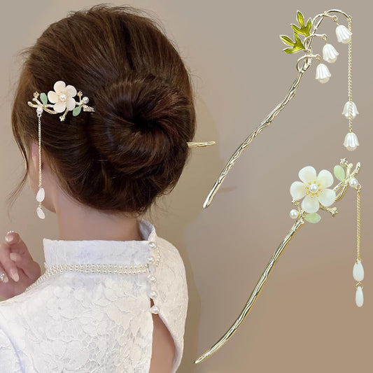 BQSAZHYJ front view showing both floral metal hair sticks and tassel for elegant styling