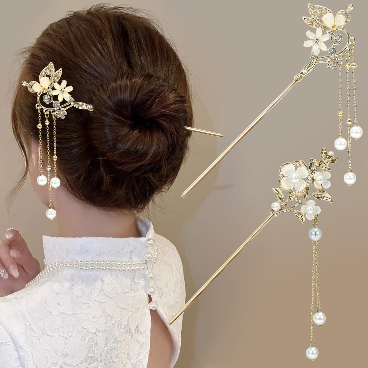 BQSAZHYJ front view of two hair sticks showing floral pendants and pearls for elegant styling
