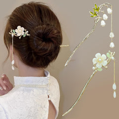 BQSAZHYJ front view showing both floral metal hair sticks and tassel for elegant styling