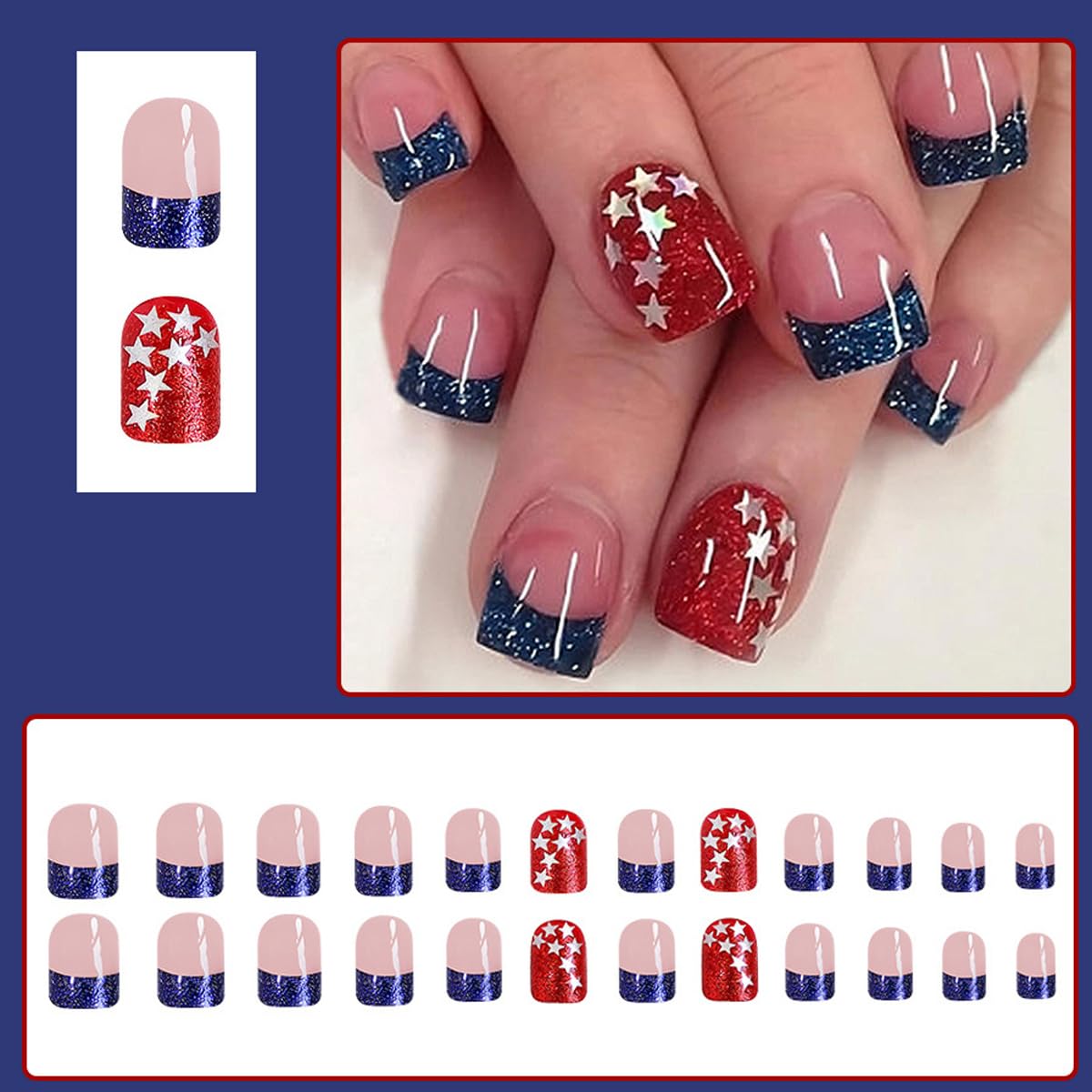 BQZQPAMZ close-up of star accent and blue glitter French tip, highlighting detailed patriotic sparkle