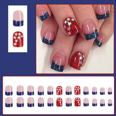 BQZQPAMZ close-up of star accent and blue glitter French tip, highlighting detailed patriotic sparkle