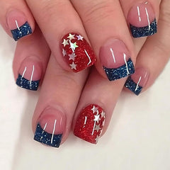 BQZQPAMZ front packaging showing 24-piece blue glitter press-on nails, ready for quick festive manicures