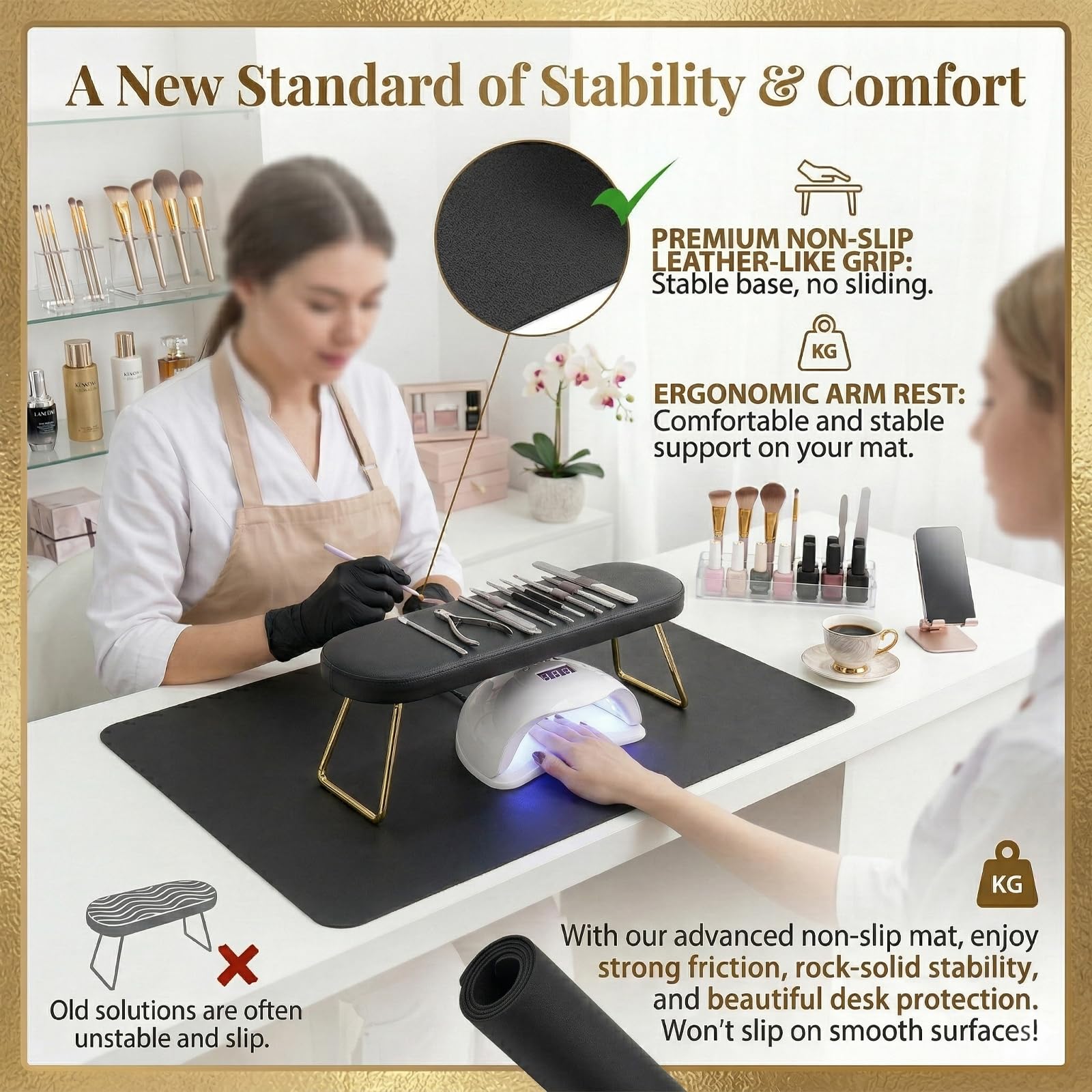 BRAVIKERLY mat in use with nail technician for stable work surface