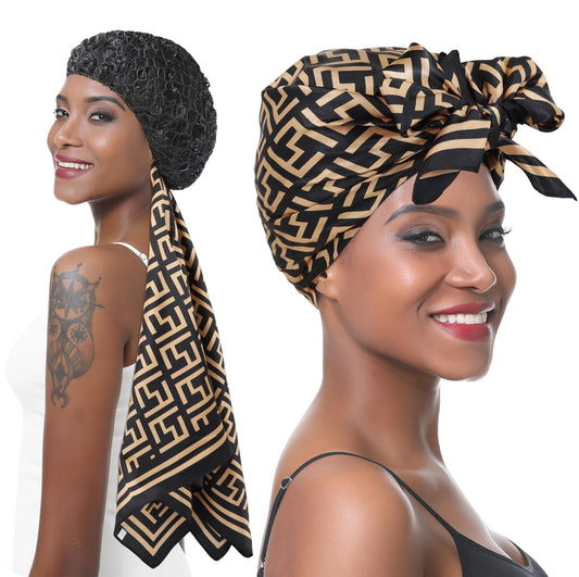 brcok wrap front view showing full 2-in-1 cap and scarf protecting hair