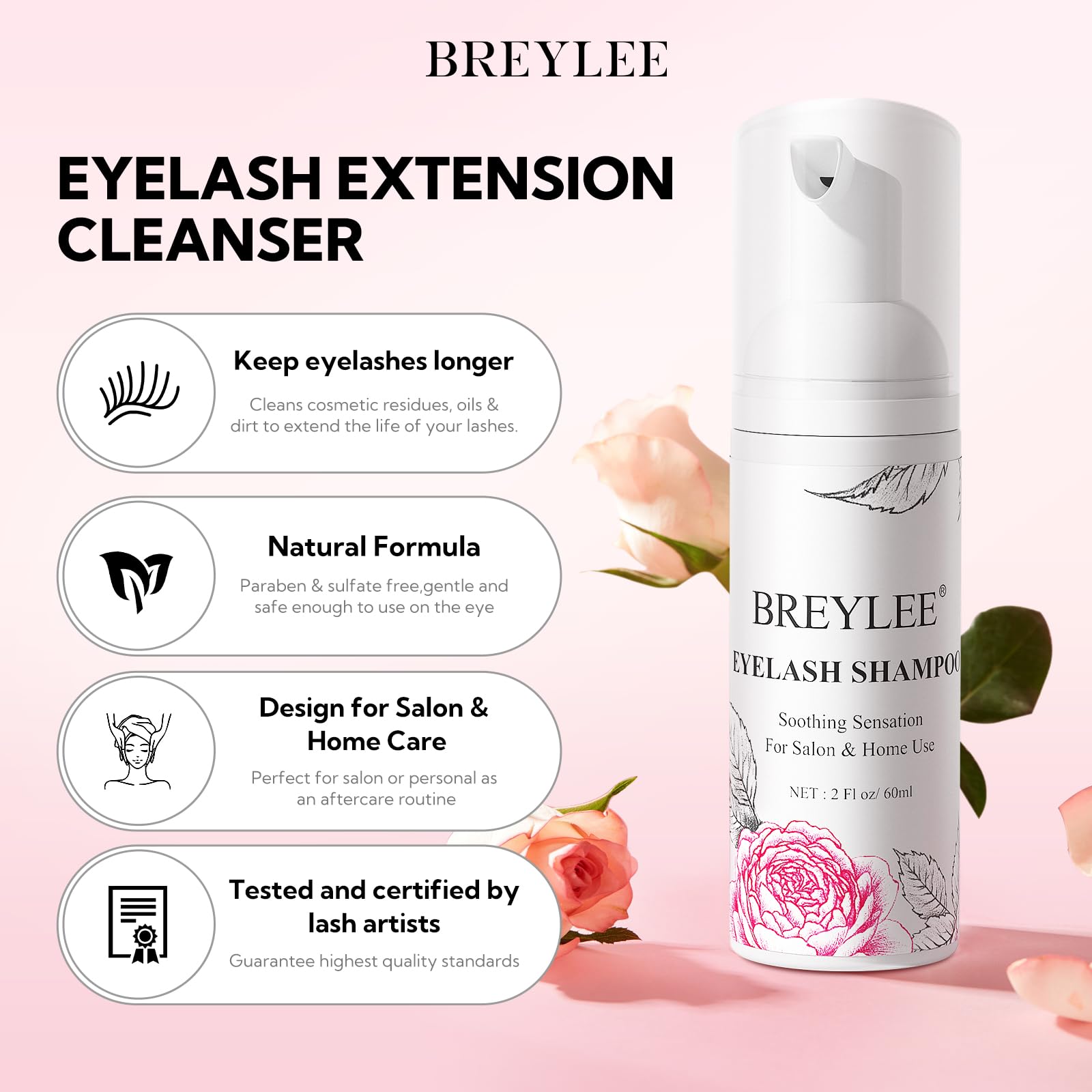 BREYLEE bottle close-up showing shampoo texture and gentle foam benefit