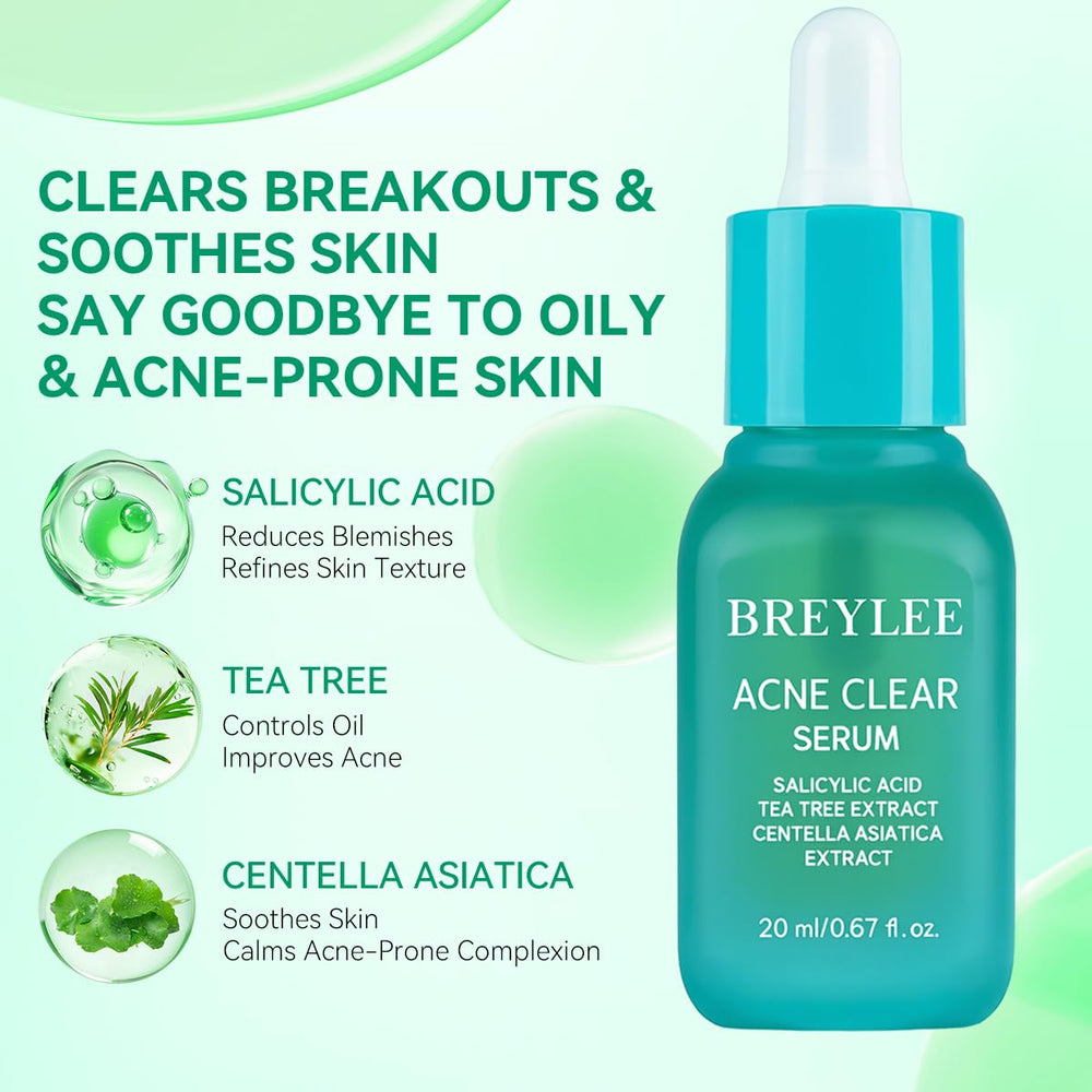BREYLEE bottle label detail highlighting active acids and calming botanicals