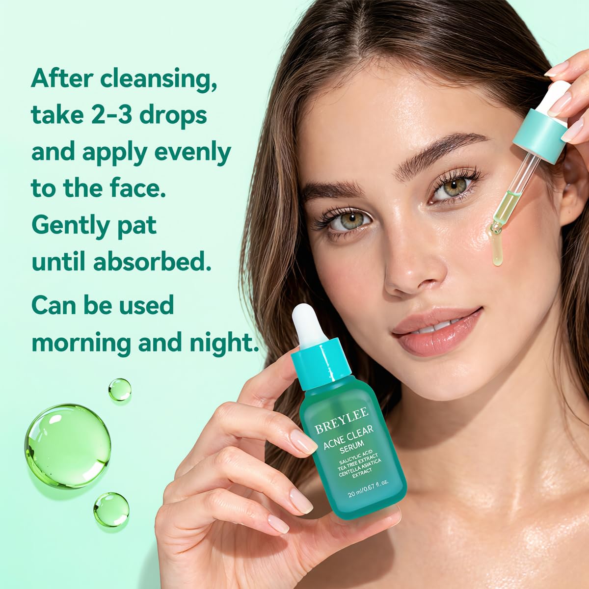 BREYLEE serum dispensed onto fingertip demonstrating smooth, non-greasy finish