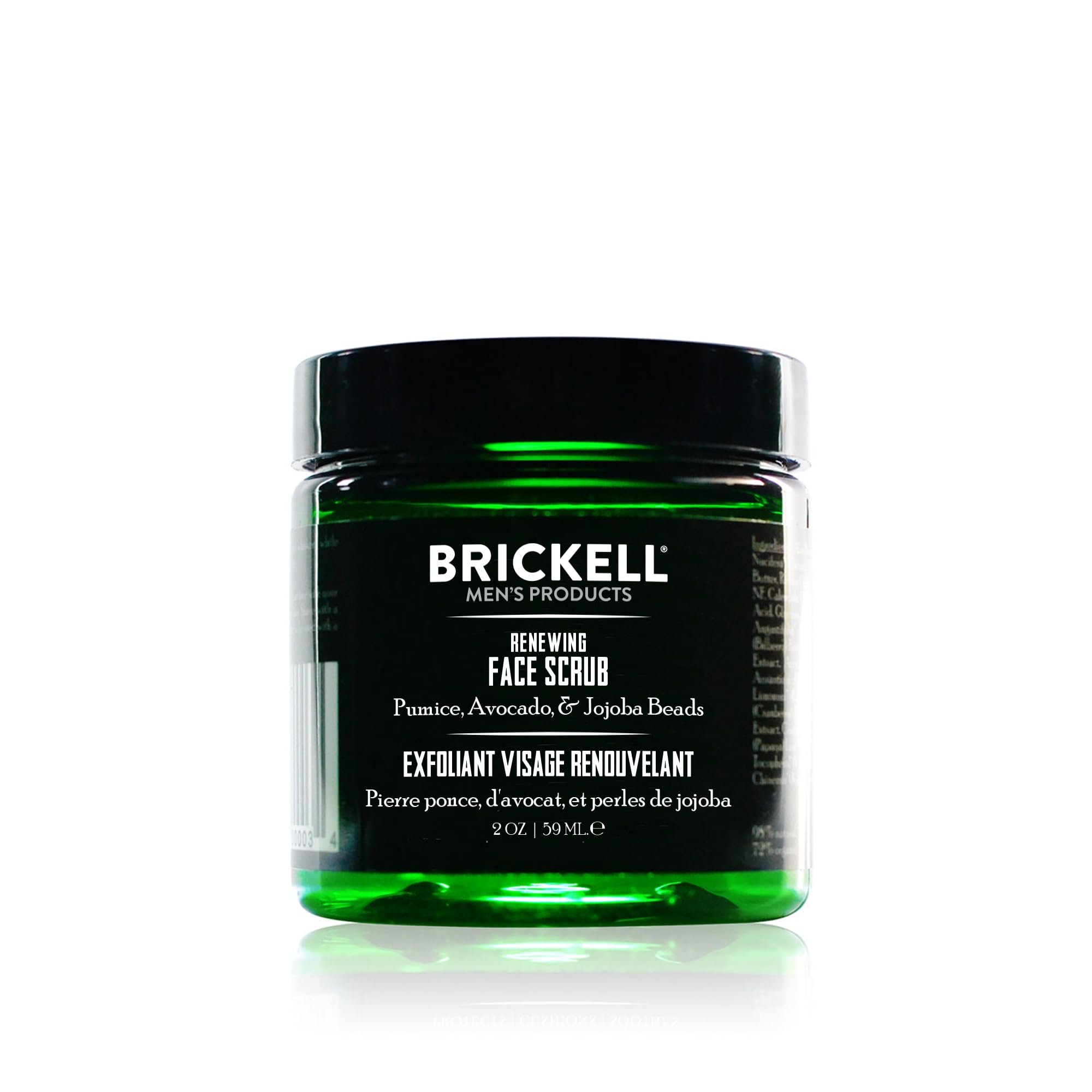 Brickell front packaging of renewing face scrub showing product and travel size benefit