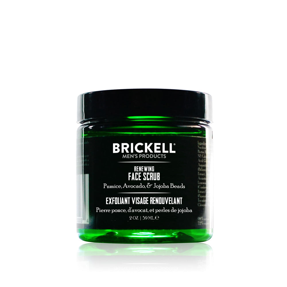 Brickell front packaging of renewing face scrub showing product and travel size benefit