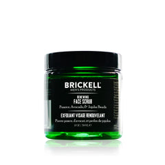 Brickell front packaging of renewing face scrub showing product and travel size benefit