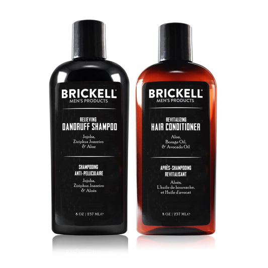 Brickell front packaging showing shampoo and conditioner set with clear benefits