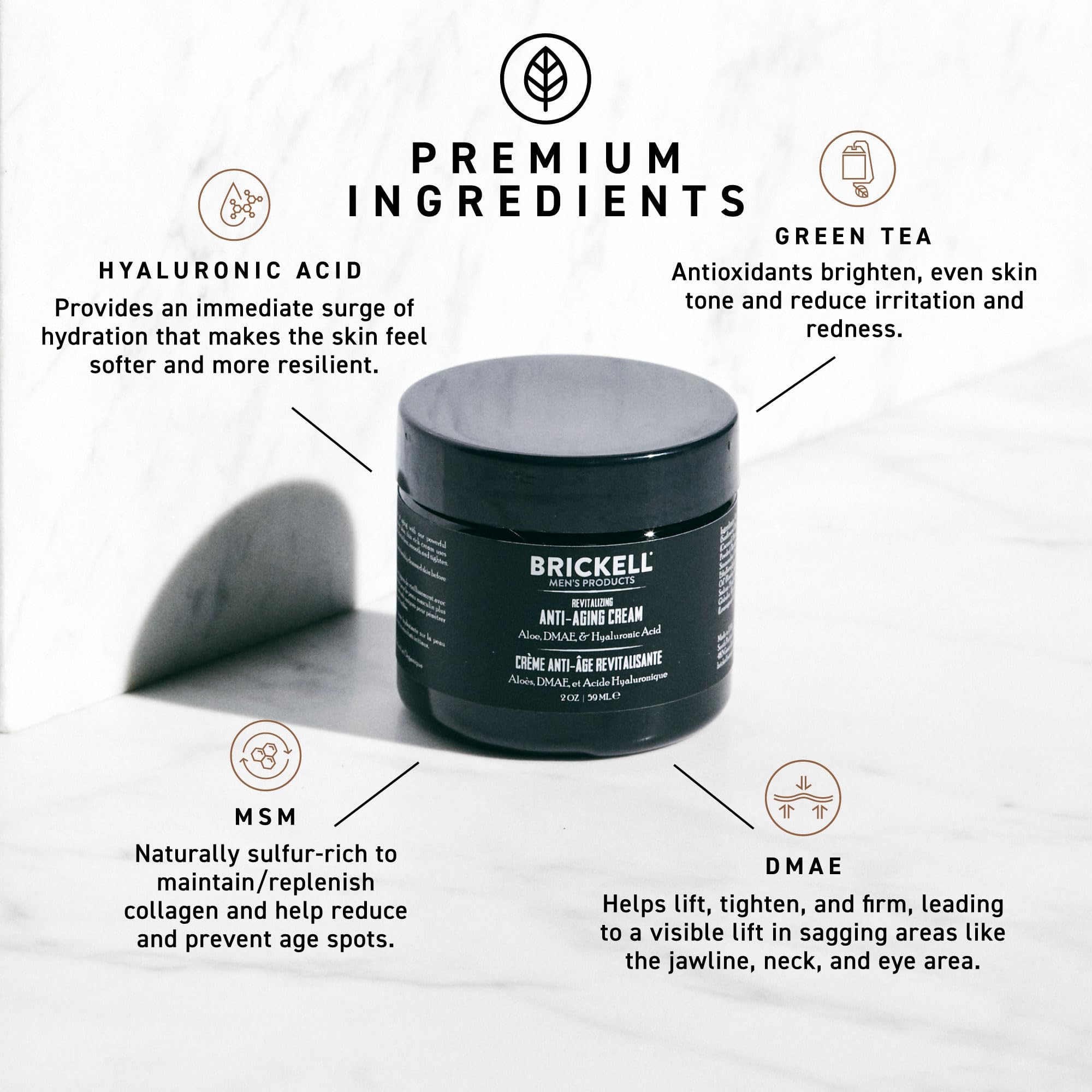 Brickell ingredients display hyaluronic acid and jojoba offering hydration