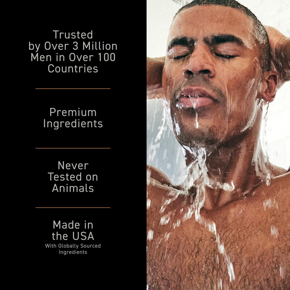 Brickell set styled on a bathroom vanity conveying premium grooming lifestyle appeal