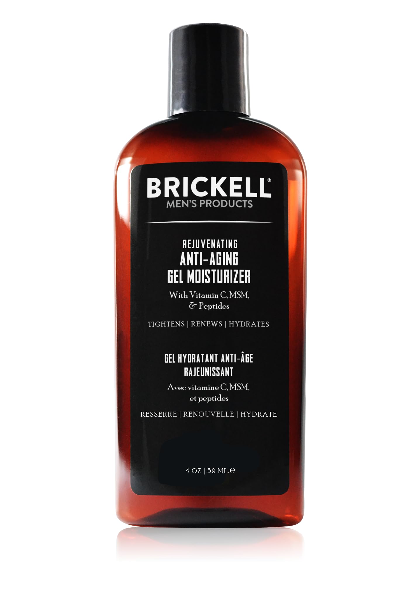 Brickell men's Products rejuvenating gel moisturizer front view shows clear label and 4oz size benefit