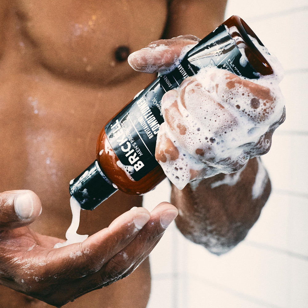 Brickell products in shower setting demonstrating everyday dandruff care routine