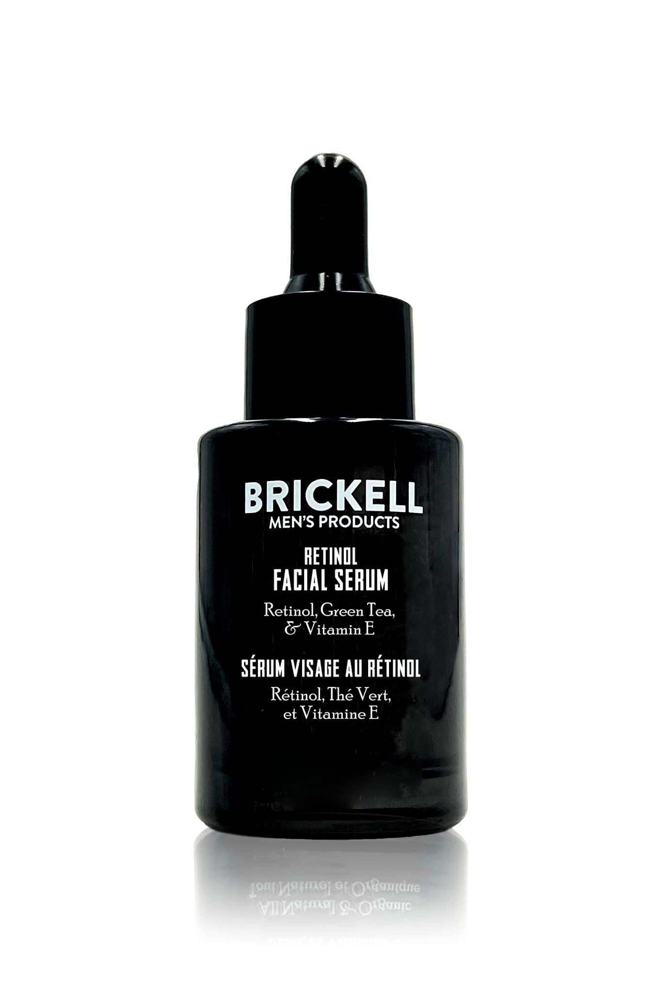 Brickell Men’s Products bottle front showing sleek serum packaging and benefits