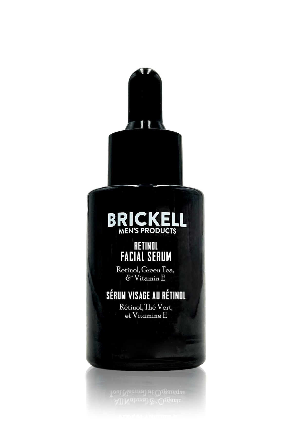 Brickell Men’s Products bottle front showing sleek serum packaging and benefits