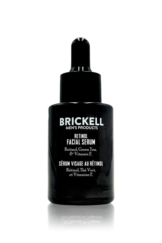 Brickell Men’s Products bottle front showing sleek serum packaging and benefits