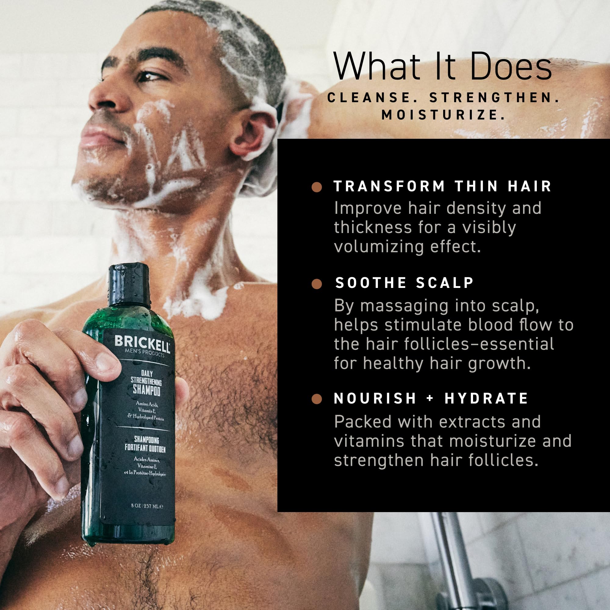 Brickell shampoo in hand during use illustrating lather and effective cleansing benefit