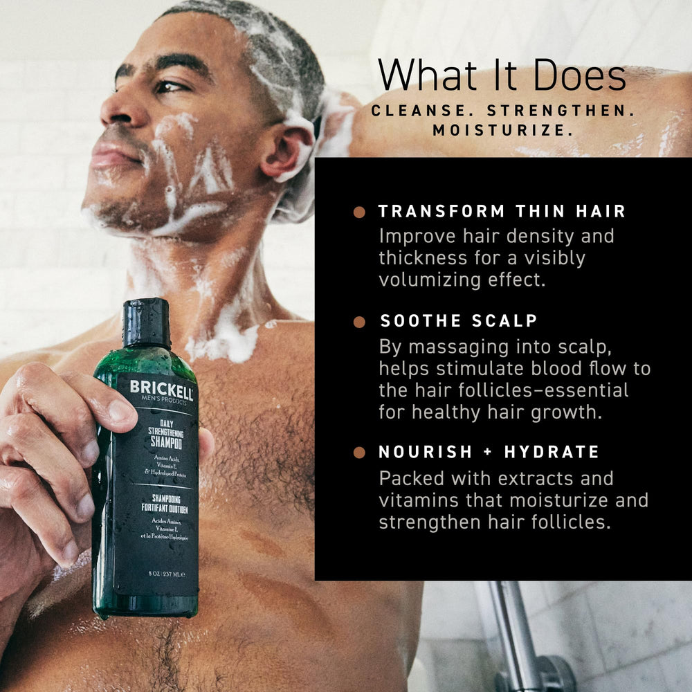 Brickell shampoo in hand during use illustrating lather and effective cleansing benefit