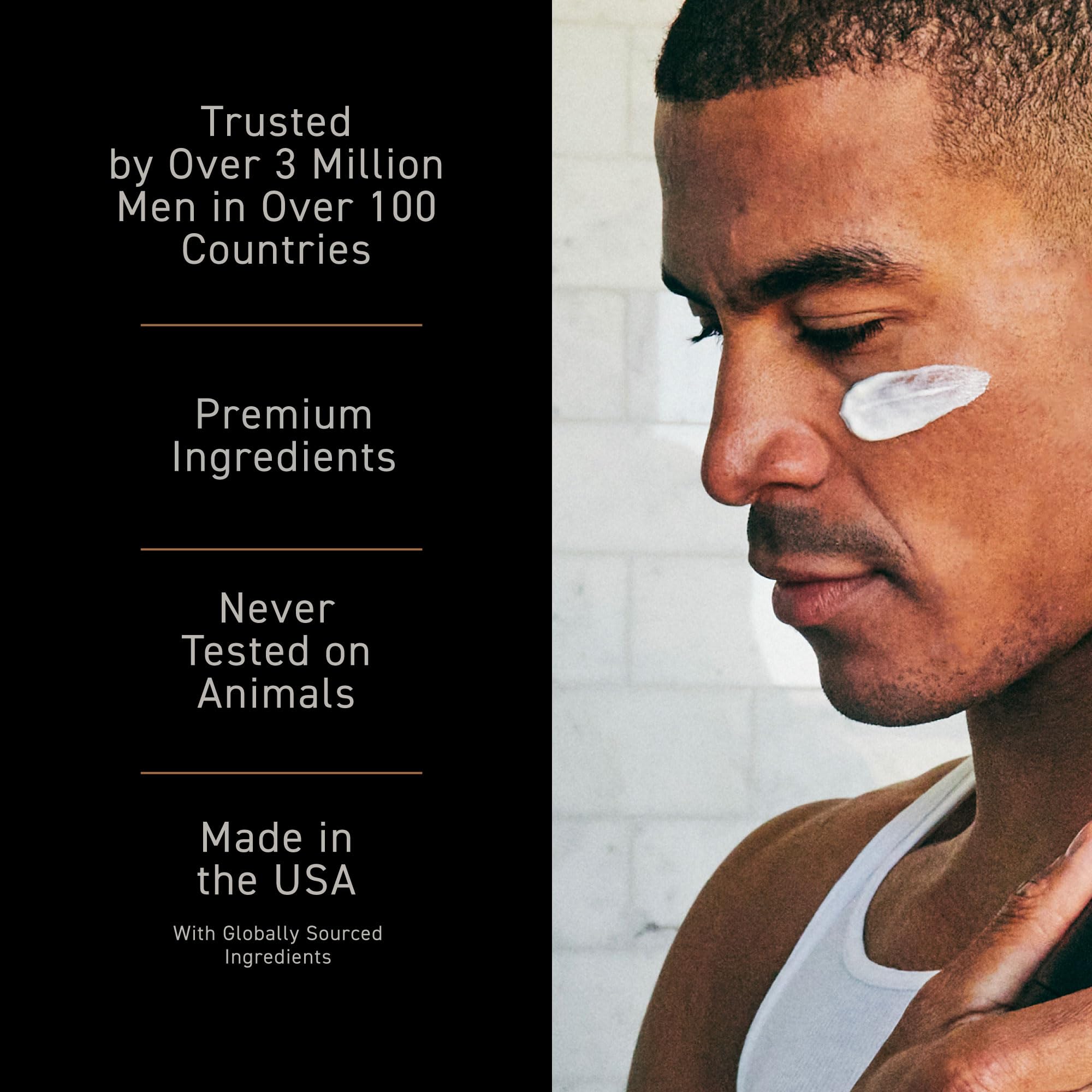 Brickell Men's before and after split view showing reduced puffiness and brighter eyes benefit