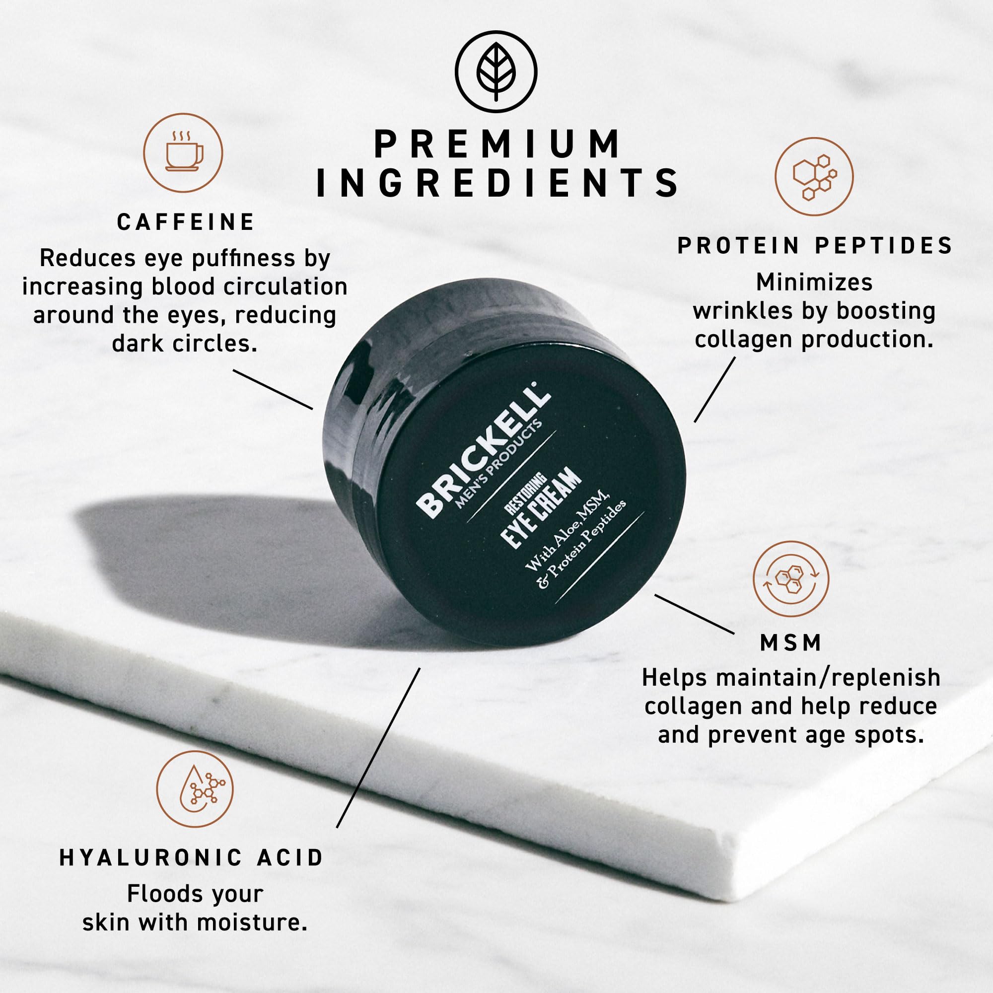 Brickell Men's caffeine ingredient visual emphasizing de-puffing and alertness benefit