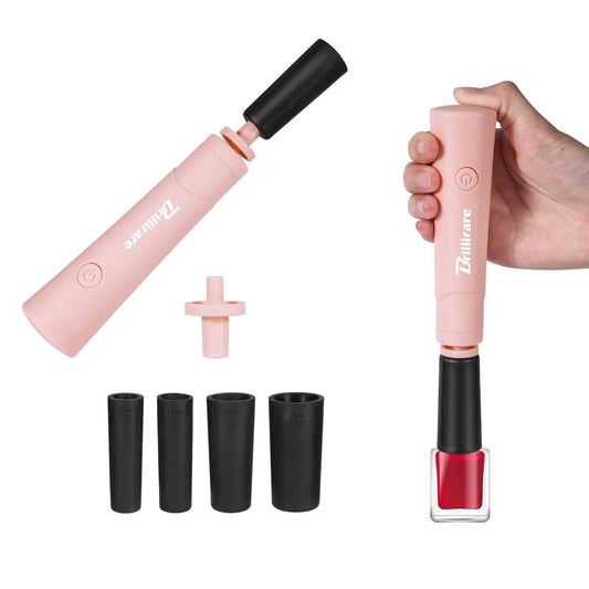 BRILLIRARE shaker front view showing compact pink body and button, fast mixing benefit
