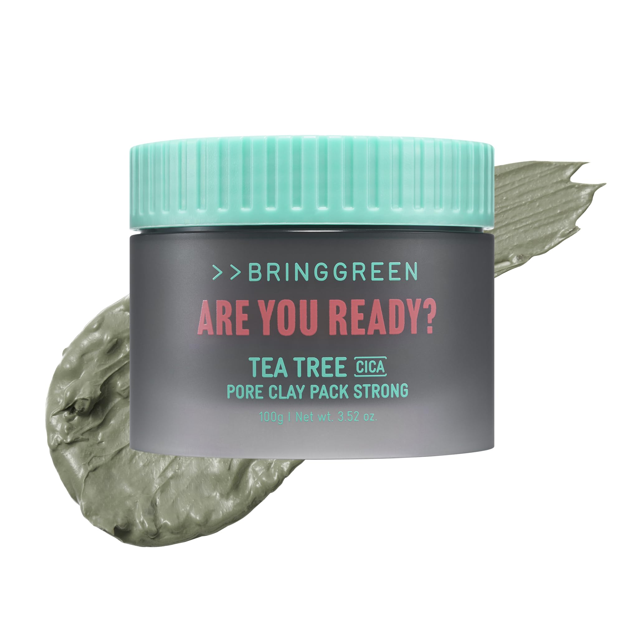 BRING GREEN front packaging of Tea Tree Cica Pore Clay Mask showing size and branding benefits