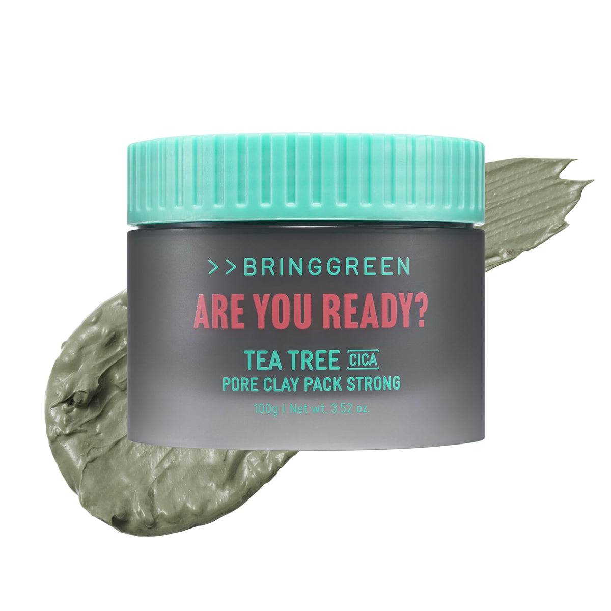 BRING GREEN front packaging of Tea Tree Cica Pore Clay Mask showing size and branding benefits