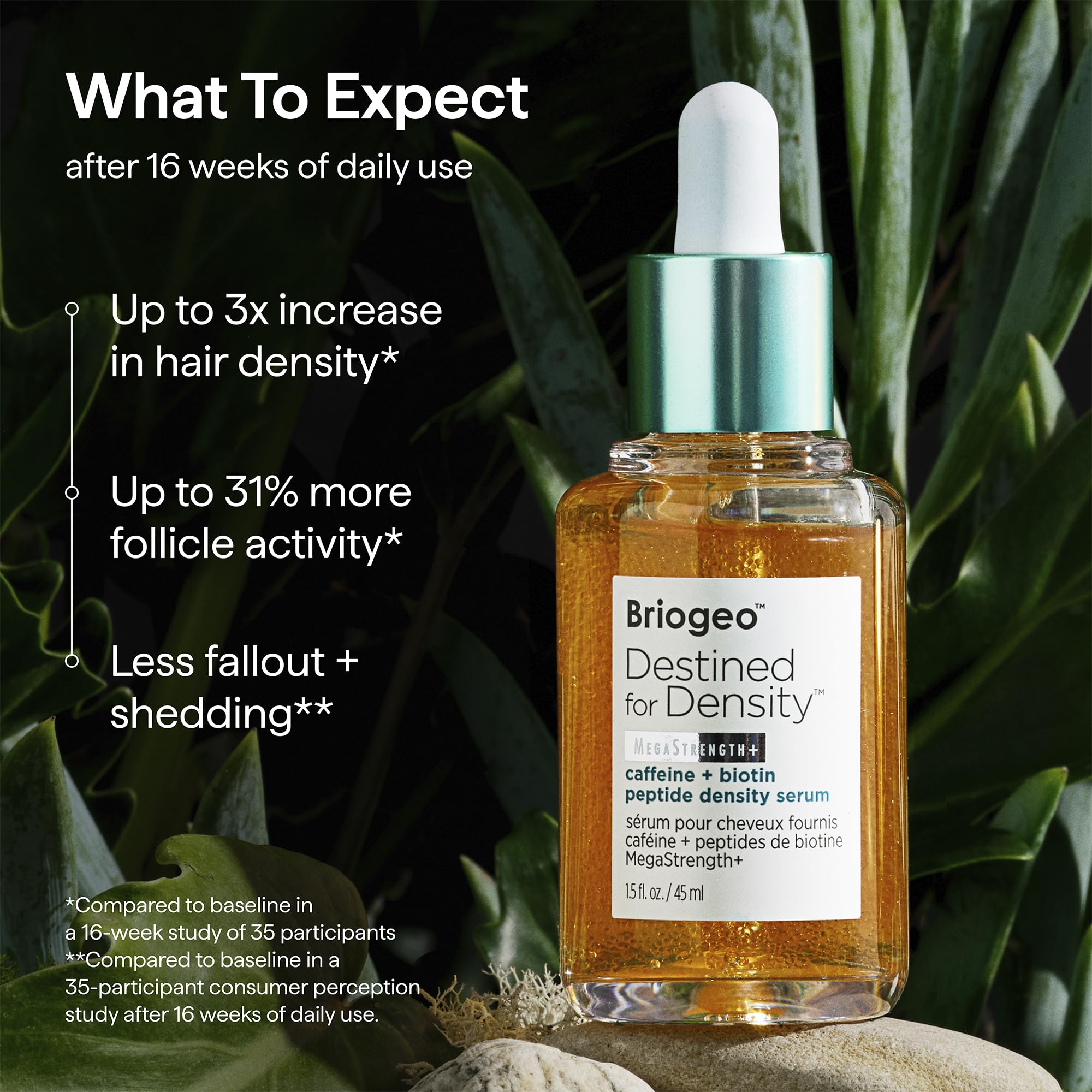 Briogeo serum on a bathroom shelf in a daily routine setting