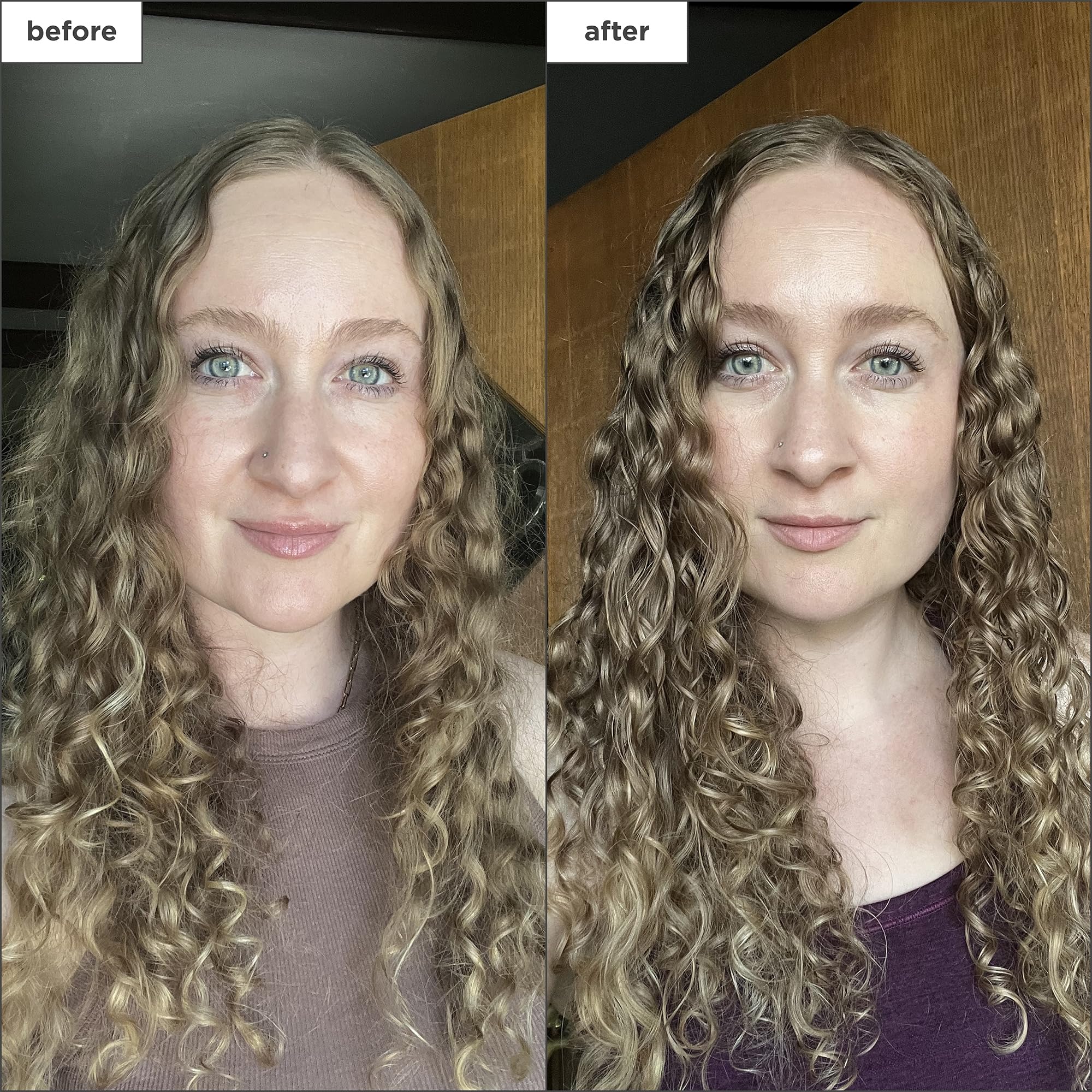 Briogeo before and after hair showing reduced frizz and smoother finish