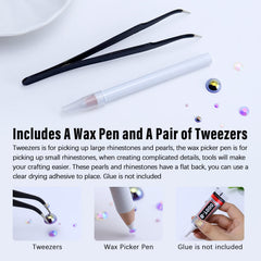 Briskbloom wax pen and tweezers beside stones, demonstrates precise placement
