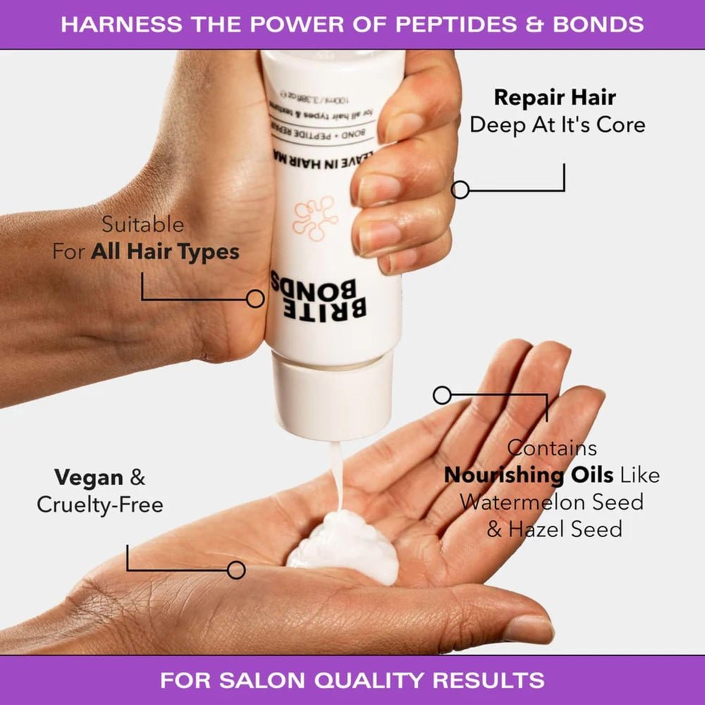 Brite ingredient label close-up highlighting peptide and bond complex benefits