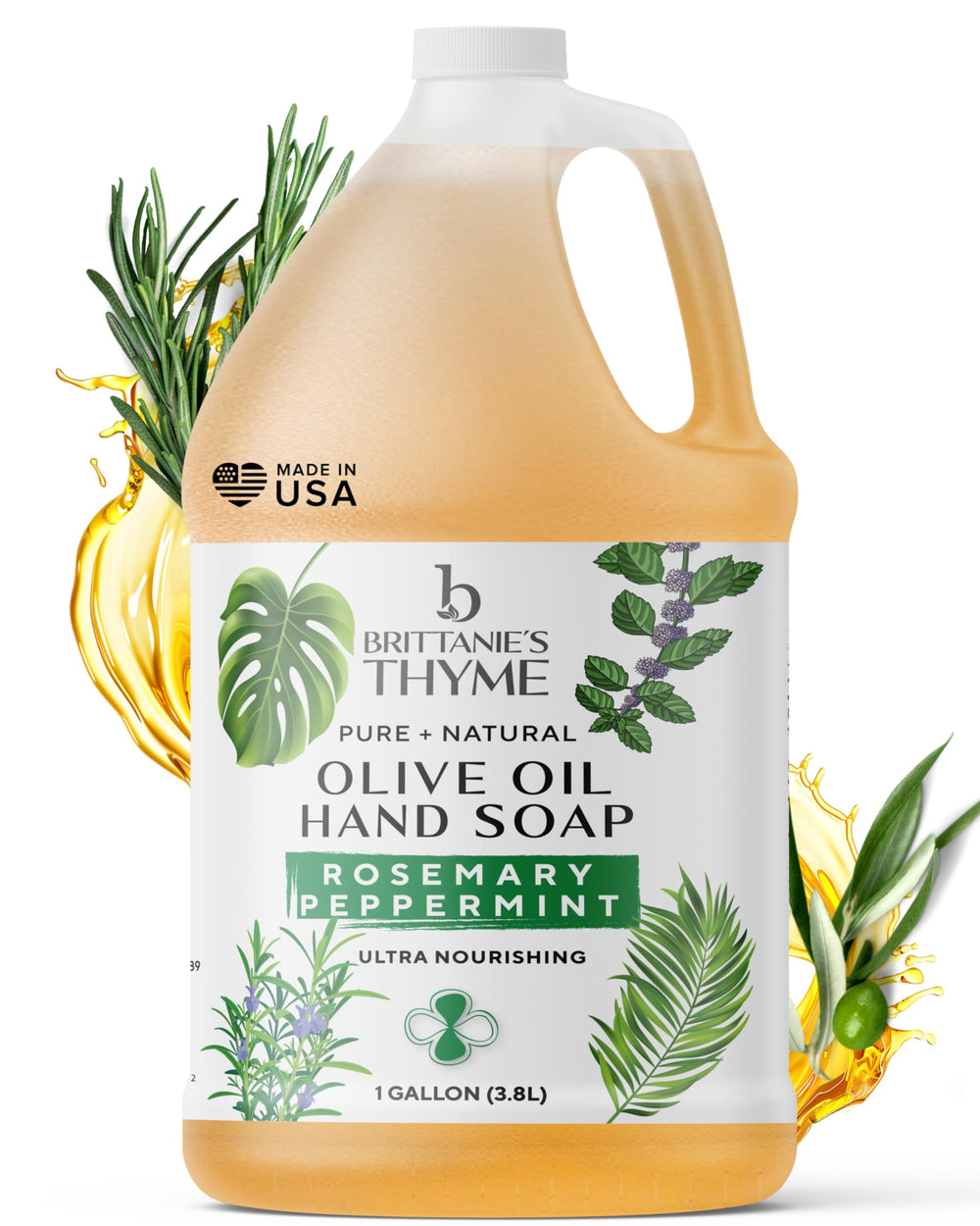 Brittanie's gallon front label showing organic castile soap for versatile use