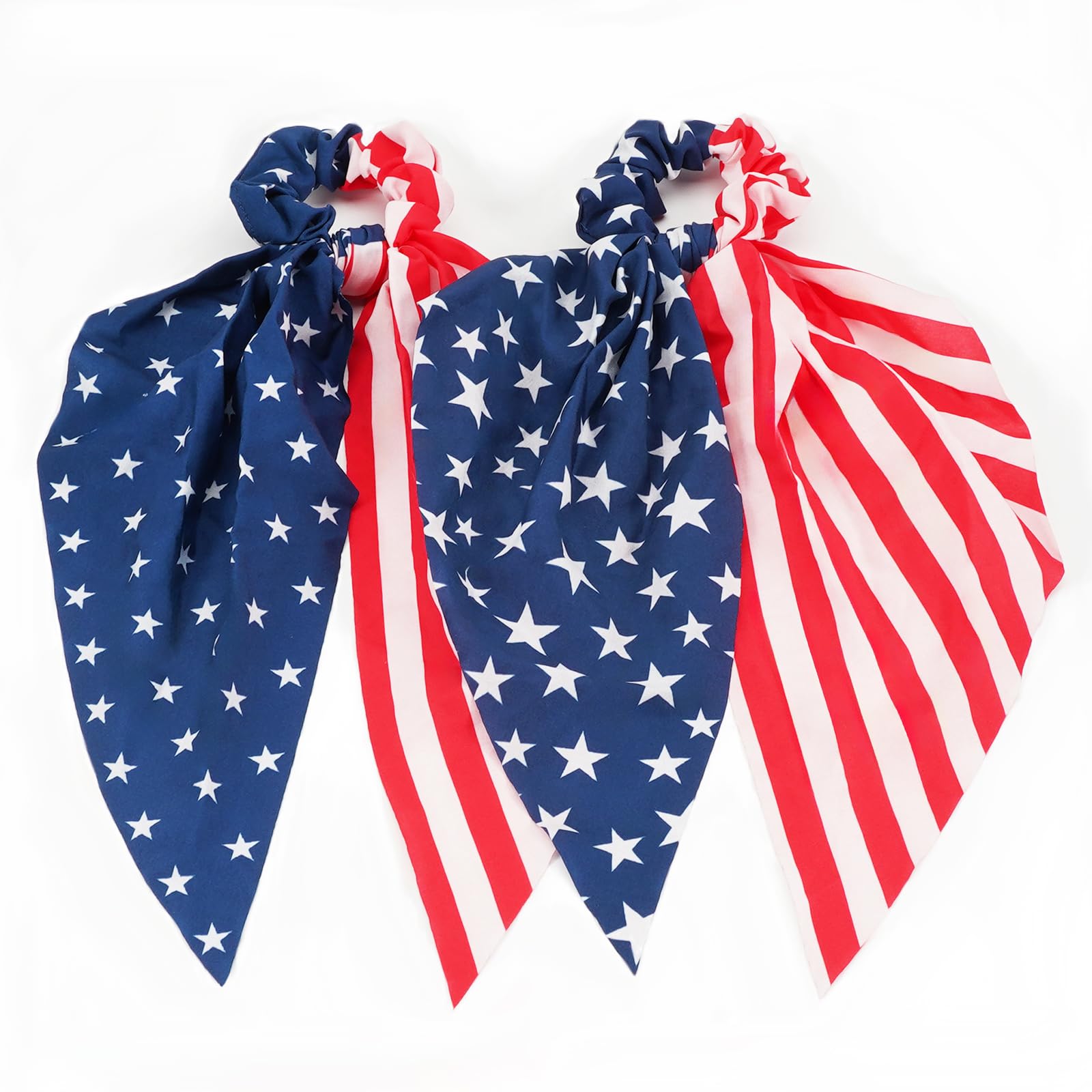Briutn front view of two red white blue scrunchies for festive styling