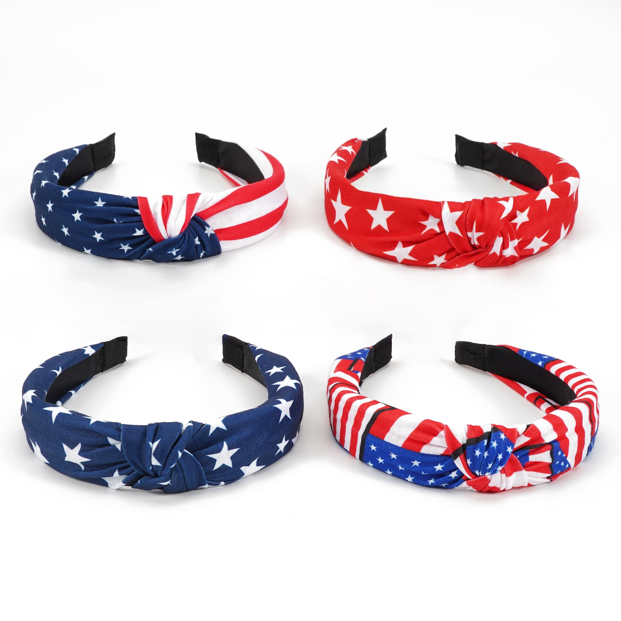 Briutn front pack view showing four patriotic headbands and vibrant designs for easy styling