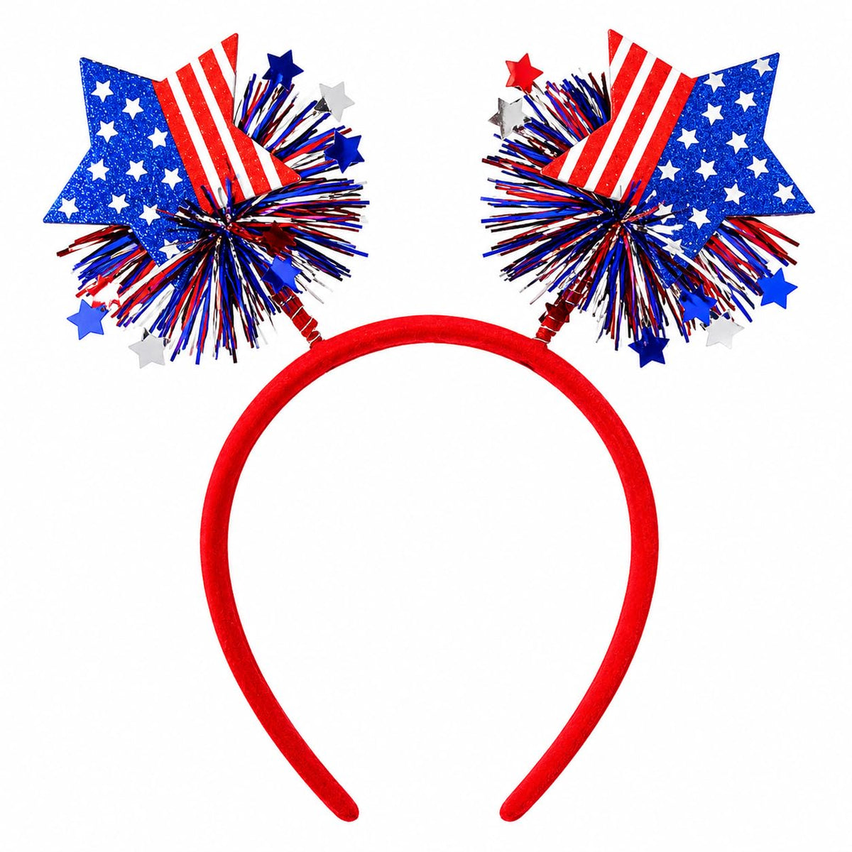 Broeify headband front view showing flag stars and festive sparkle benefit: instant patriotism