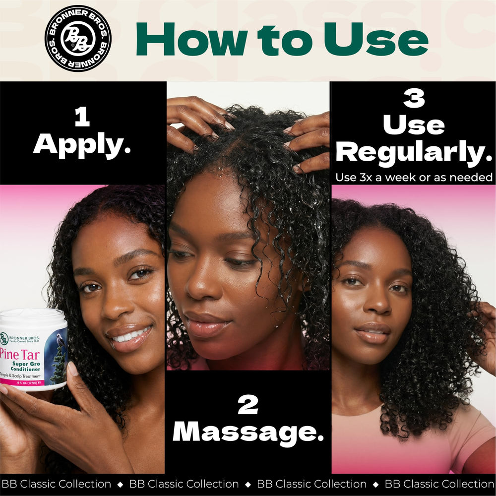 Bronner Bros ingredients shot with pine tar, salicylic acid, lanolin highlighting soothing action