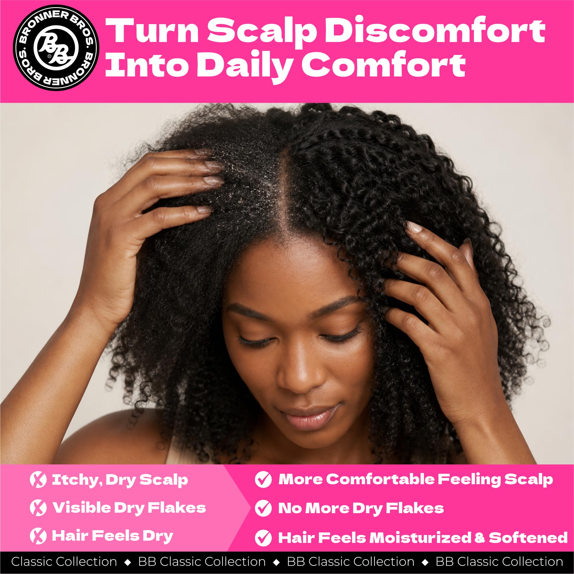 Bronner Bros massage into scalp illustrating improved comfort and reduced flakes