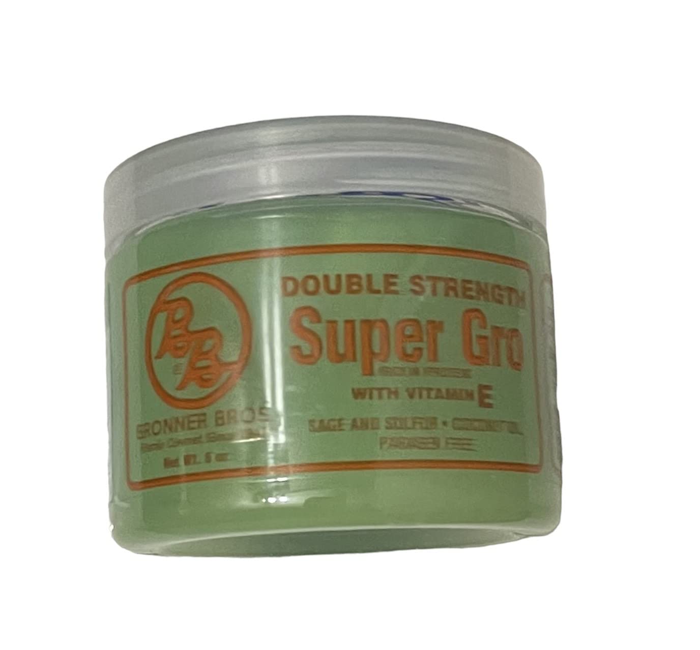 Bronner Bros BB Super Gro canister on bathroom shelf in use, demonstrates travel-friendly size and everyday benefit