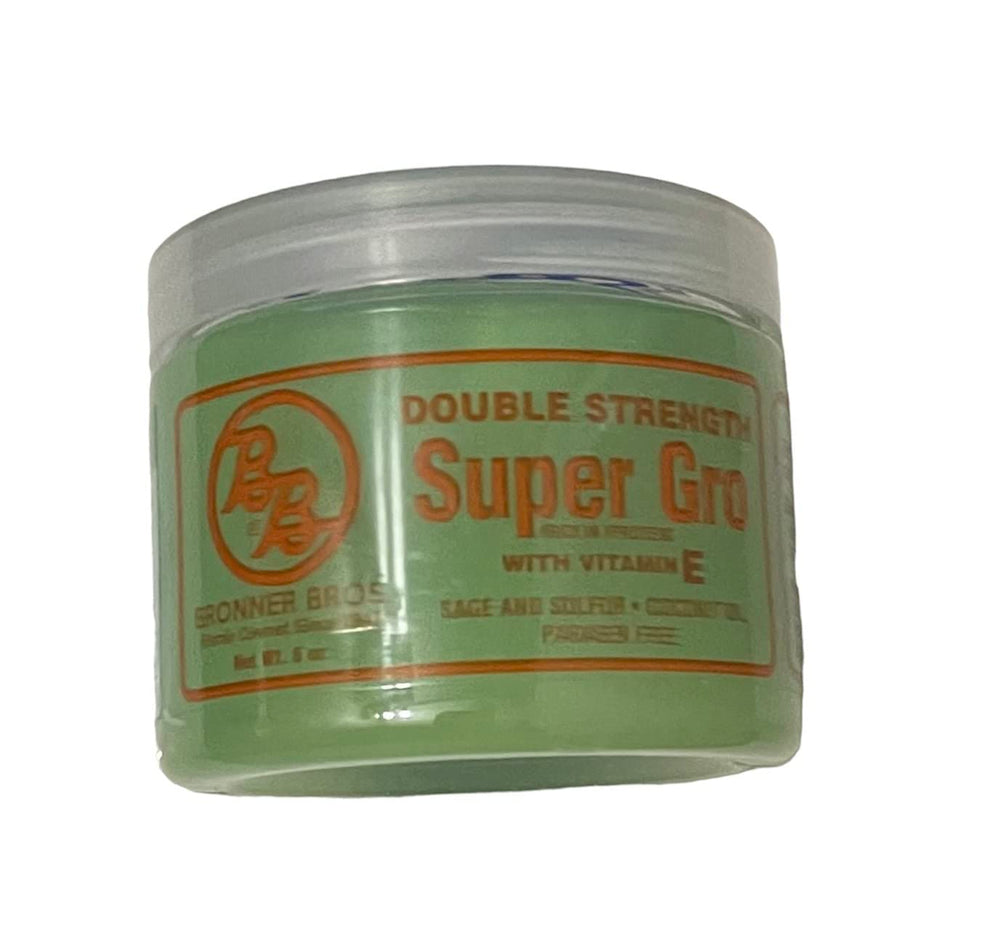 Bronner Bros BB Super Gro canister on bathroom shelf in use, demonstrates travel-friendly size and everyday benefit