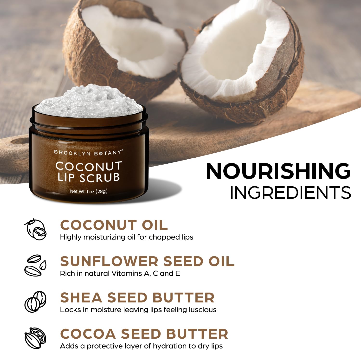 Flatlay of Brooklyn Botany scrub with coconut and shea butter ingredients highlighting nourishing oils