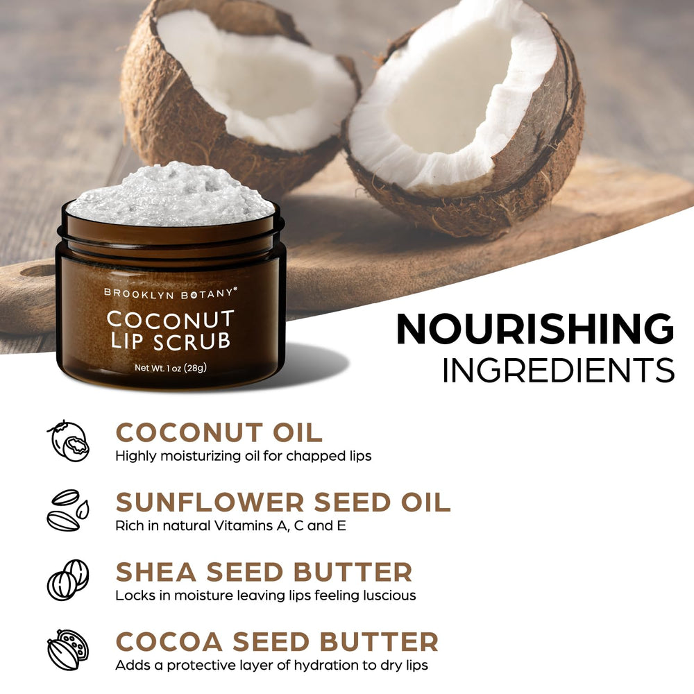 Flatlay of Brooklyn Botany scrub with coconut and shea butter ingredients highlighting nourishing oils