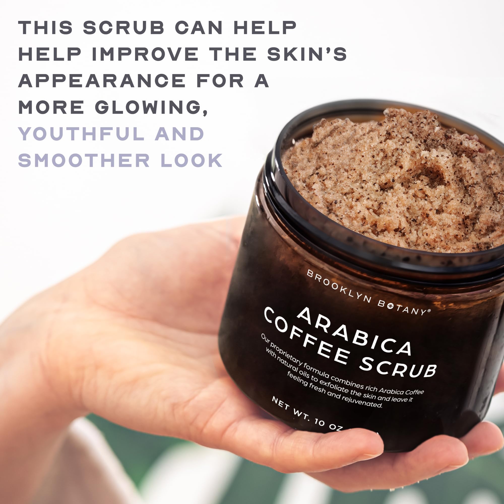 Brooklyn Botany hand scooping scrub onto skin, demonstrates easy application and hydration