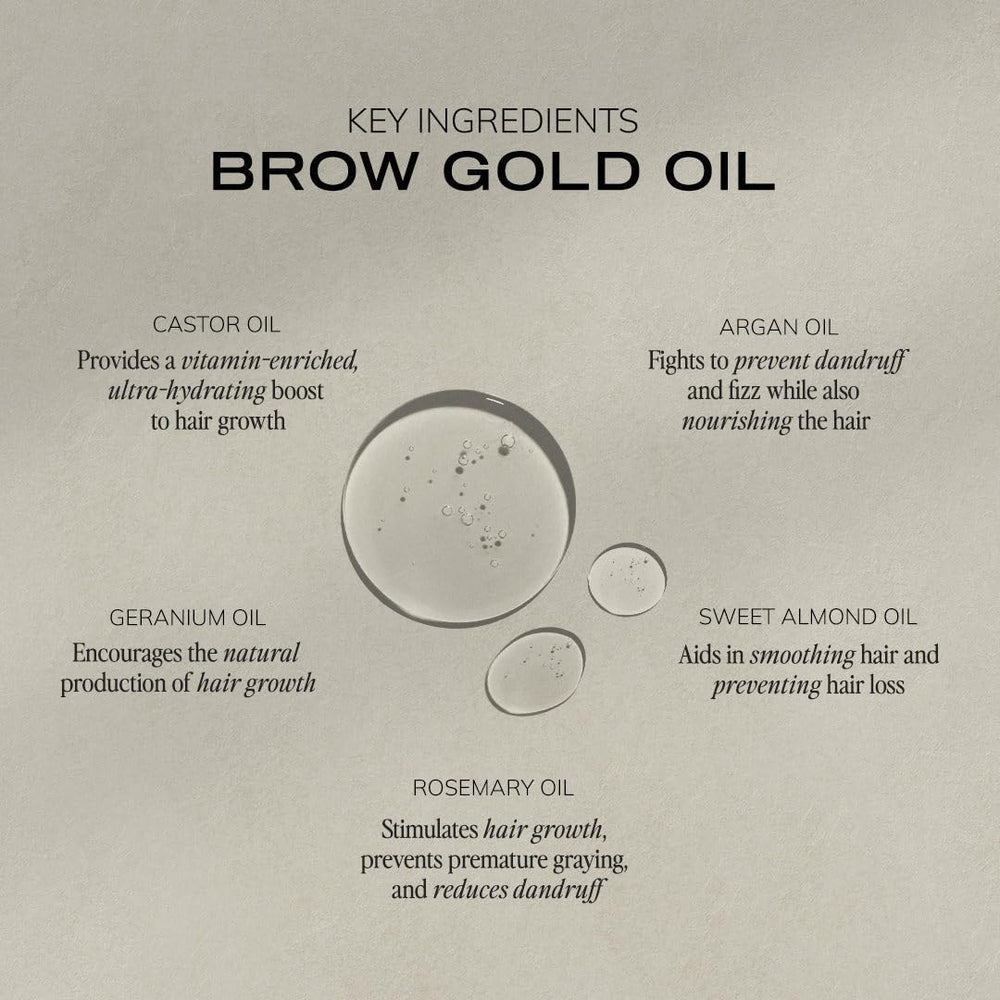 Brow Code GOLD dropper close-up dispensing oil to demonstrate precise, mess-free application