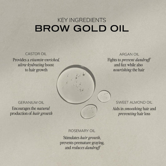 Brow Code GOLD dropper close-up dispensing oil to demonstrate precise, mess-free application