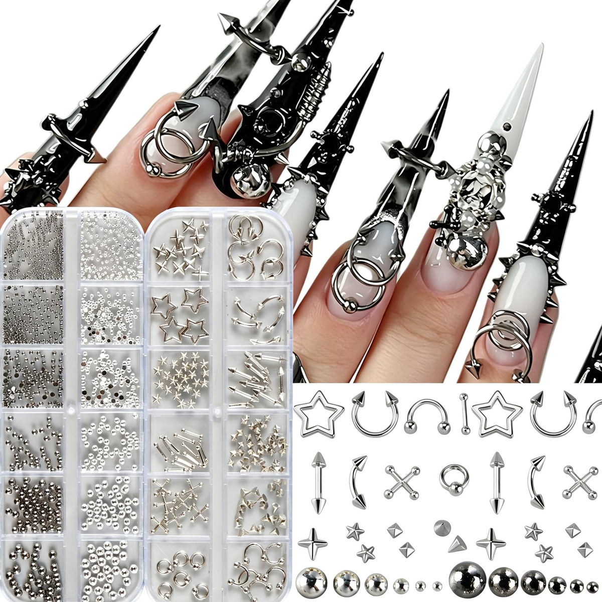 Brtavizvy front view box with organized punk nail charms for easy access